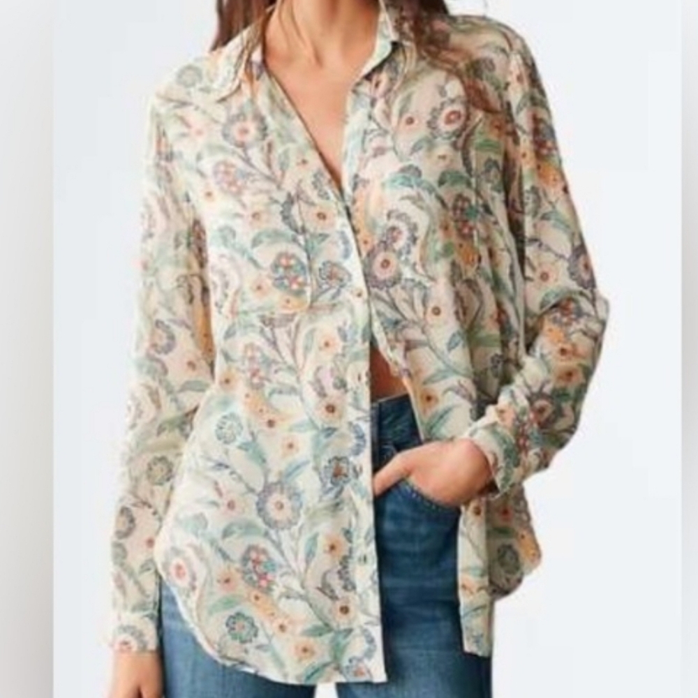 Pilcro The Relaxed Button Down Long Sleeve Floral Shirt Medium Petite